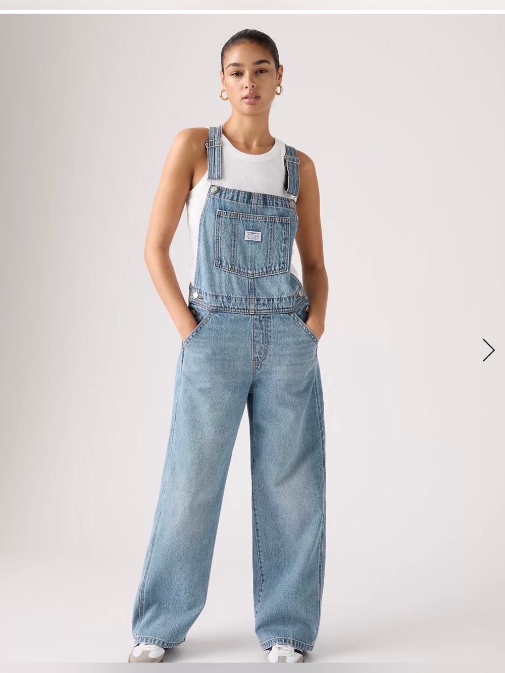Levi's BAGGY MEDIUM WASH Blue Jean Denim Overalls Front Bib Pocket Wide Leg SZ L